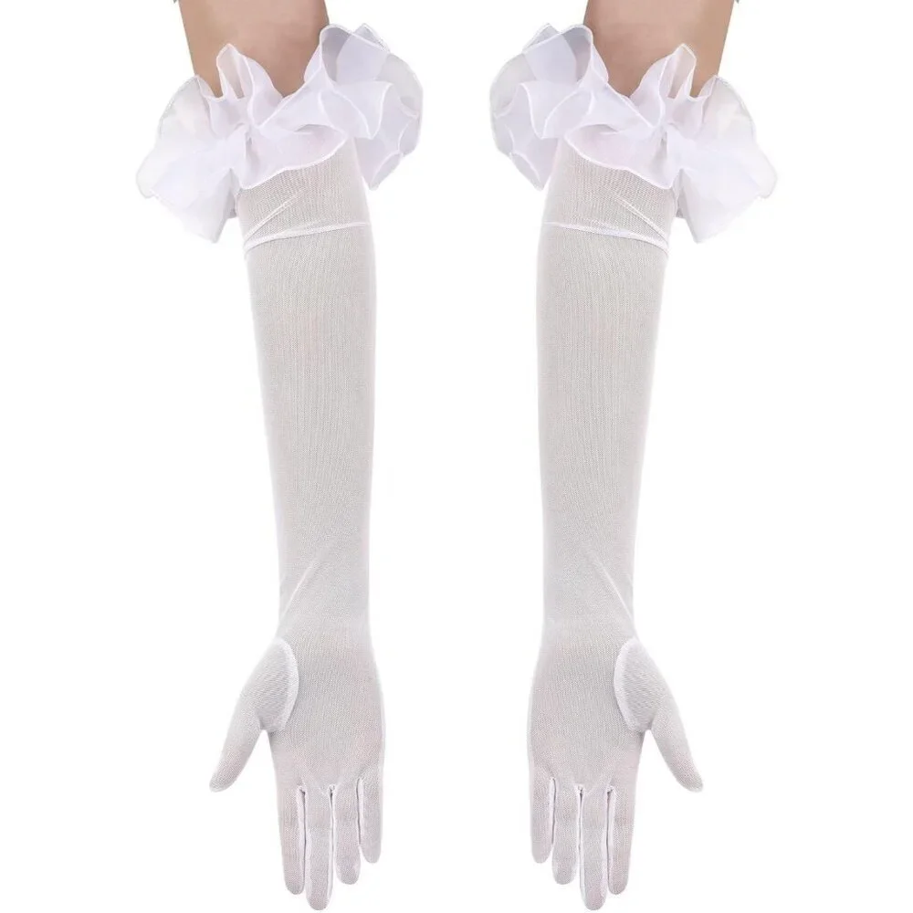 Women's Long White Ruffle Puff Cuff Sleeve Mesh Gloves Wedding Party Costume